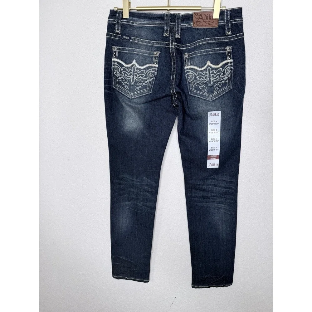 NWT Adiktd Denim Jeans 6/29 L 31 Low Rise Straight‎ Embroidered Distressed Bling